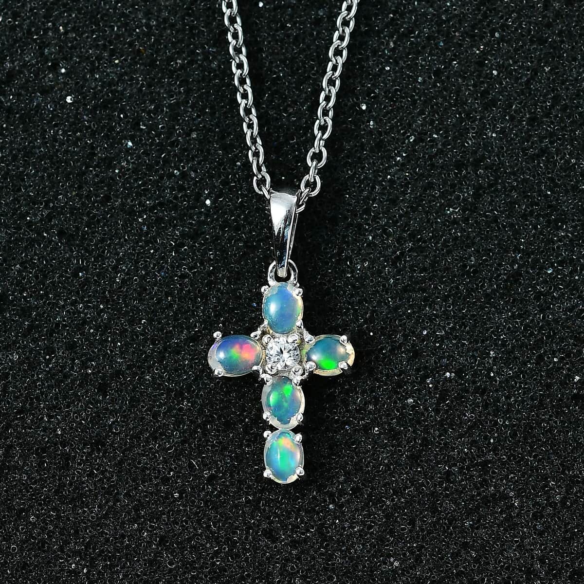 Premium Ethiopian Welo Opal and White Zircon Pendant in Platinum Over Sterling Silver with Stainless Steel Necklace 20 Inches 0.85 ctw image number 2