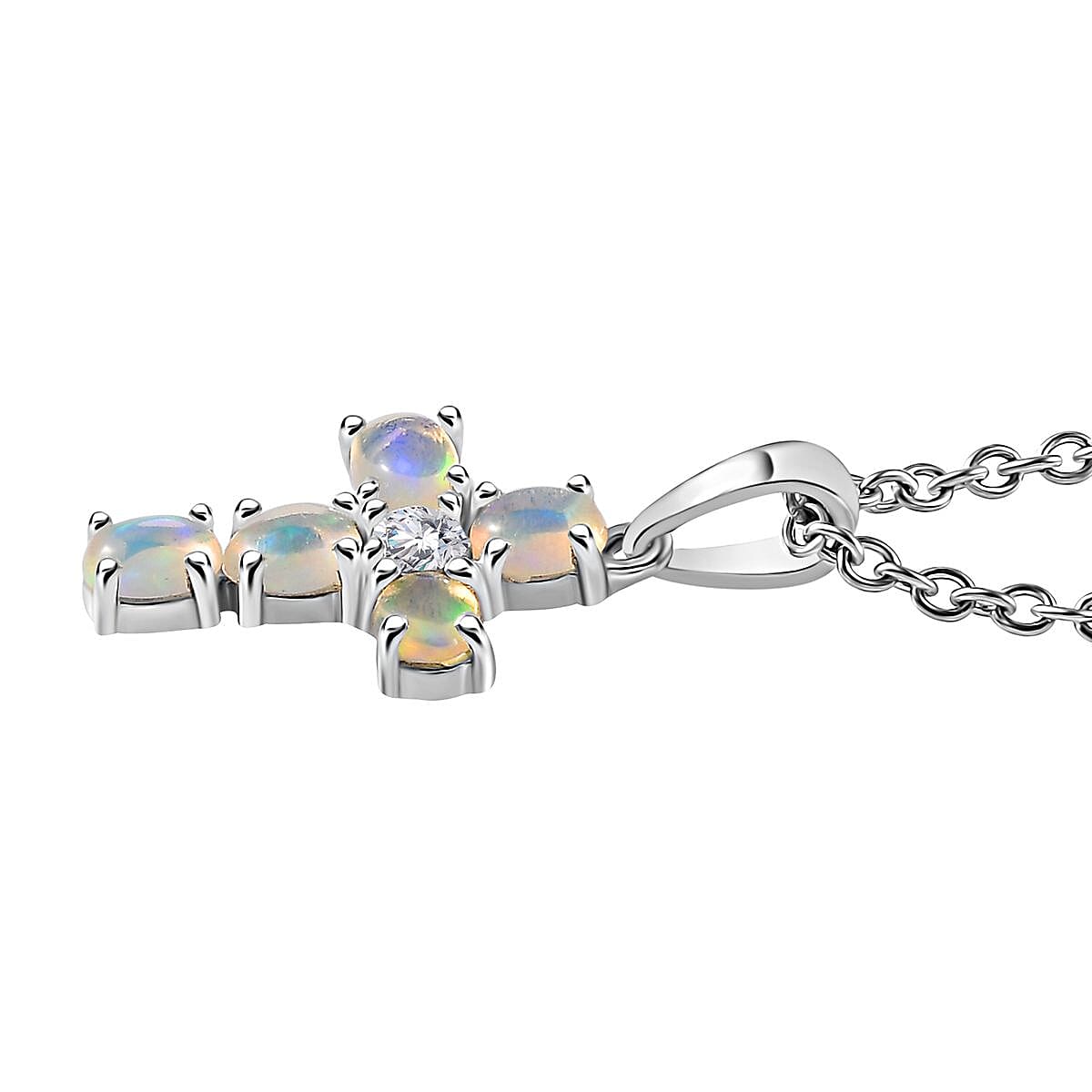 Premium Ethiopian Welo Opal and White Zircon Pendant in Platinum Over Sterling Silver with Stainless Steel Necklace 20 Inches 0.85 ctw