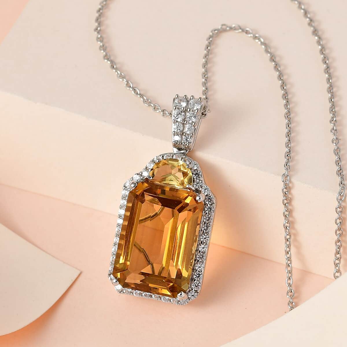 Brazilian Citrine and White Zircon Pendant Necklace 20 Inches in Platinum Over Sterling Silver 17.35 ctw image number 1