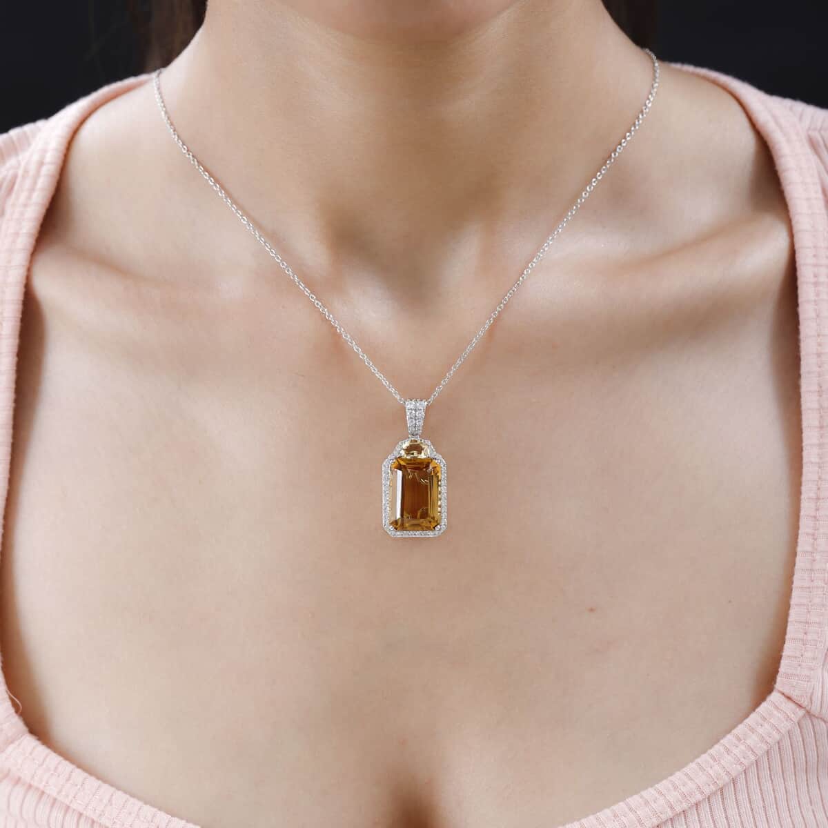 Brazilian Citrine and White Zircon Pendant Necklace 20 Inches in Platinum Over Sterling Silver 17.35 ctw image number 2