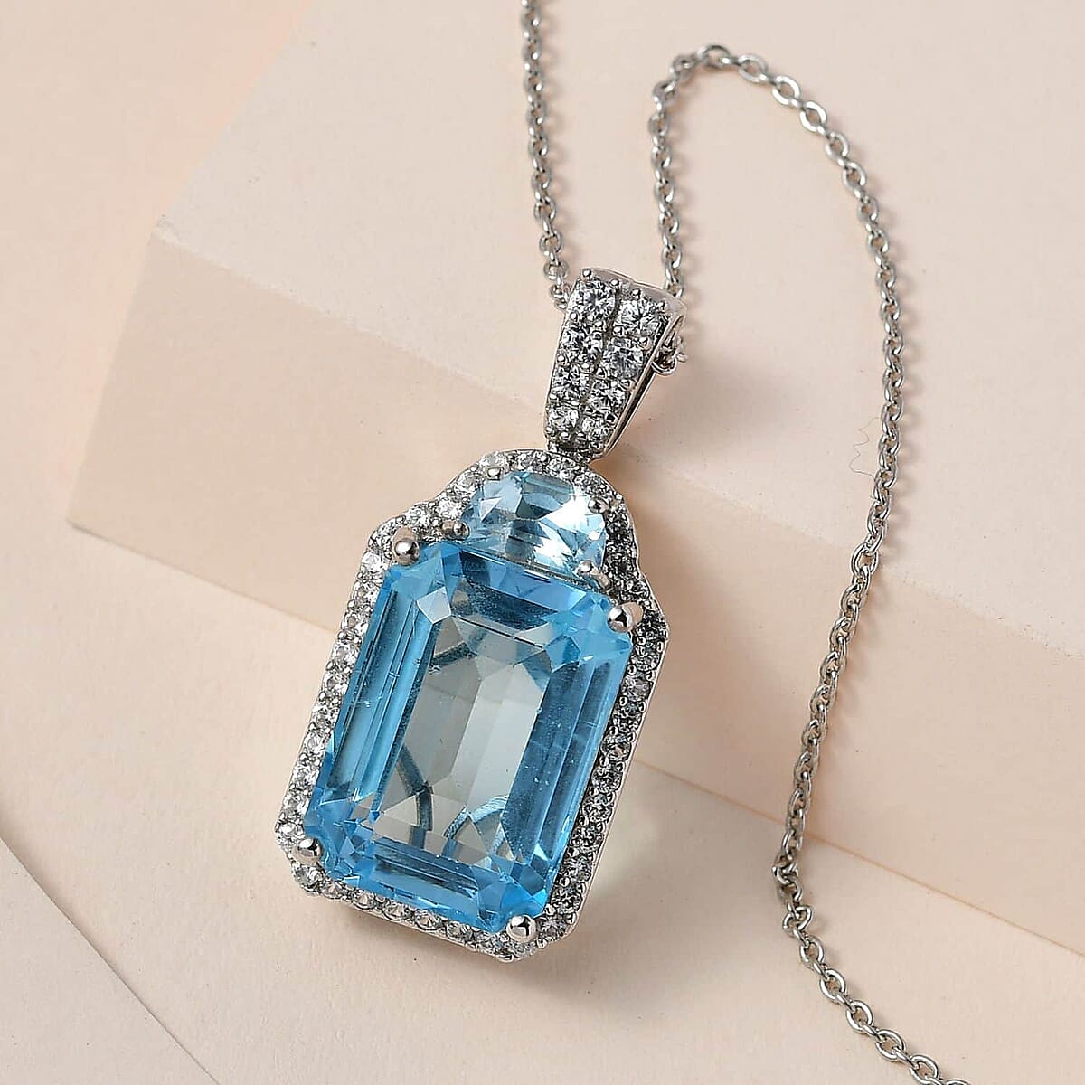 Sky Blue Topaz and White Zircon Pendant Necklace 20 Inches in Platinum Over Sterling Silver 21.90 ctw image number 1