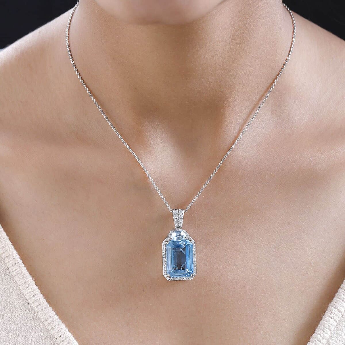 Sky Blue Topaz and White Zircon Pendant Necklace 20 Inches in Platinum Over Sterling Silver 21.90 ctw image number 2
