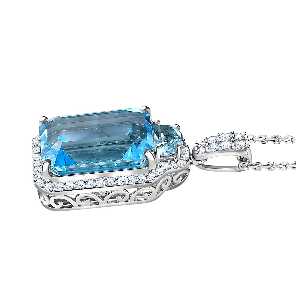 Sky Blue Topaz and White Zircon Pendant Necklace 20 Inches in Platinum Over Sterling Silver 21.90 ctw image number 3