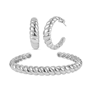 Ever True Twisted Cuff Bracelet (7.50 In) and Half Hoop Earrings in Stainless Steel