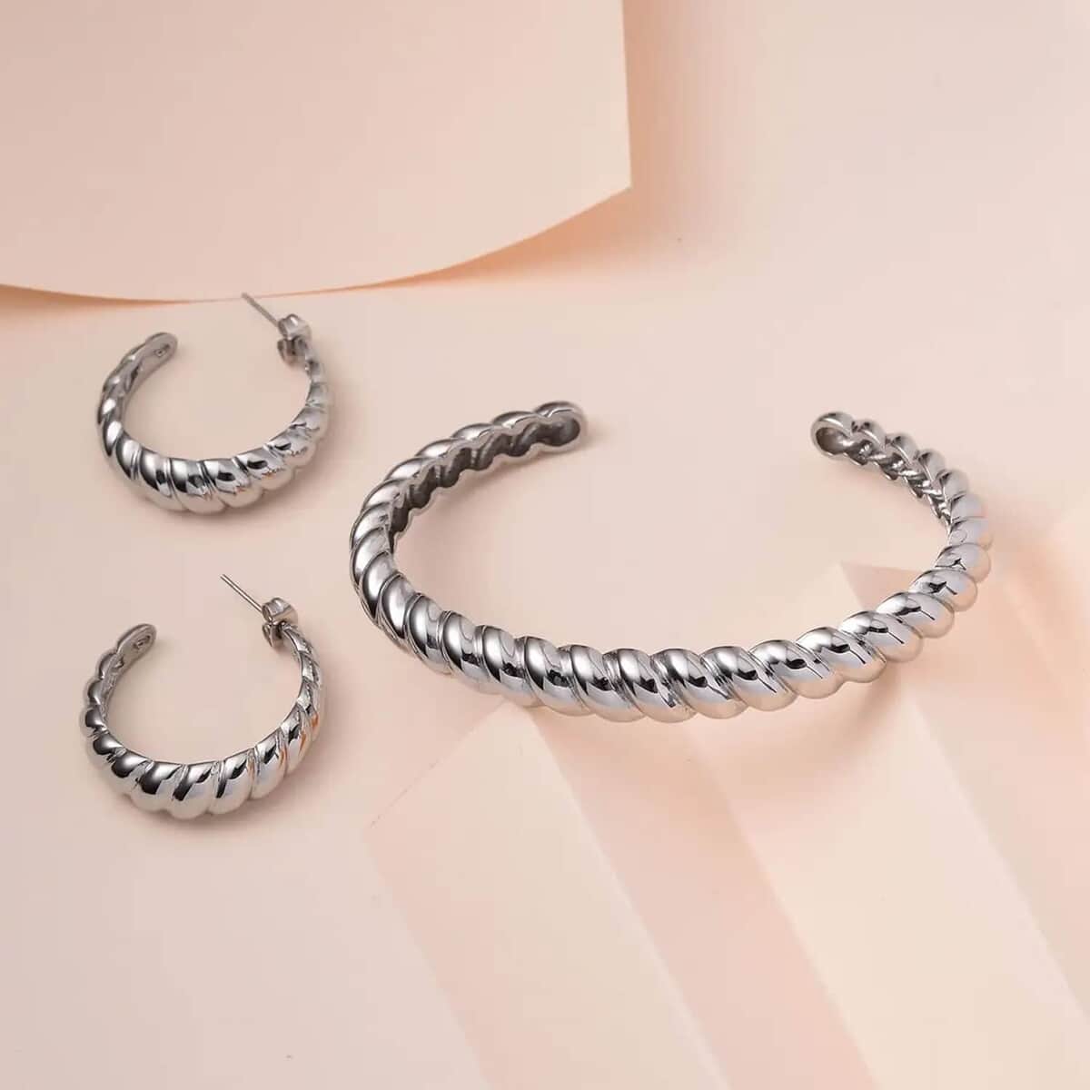 Ever True Twisted Cuff Bracelet (7.50 In) and Half Hoop Earrings in Stainless Steel, Durable Jewelry Set, Birthday Gift For Her image number 1