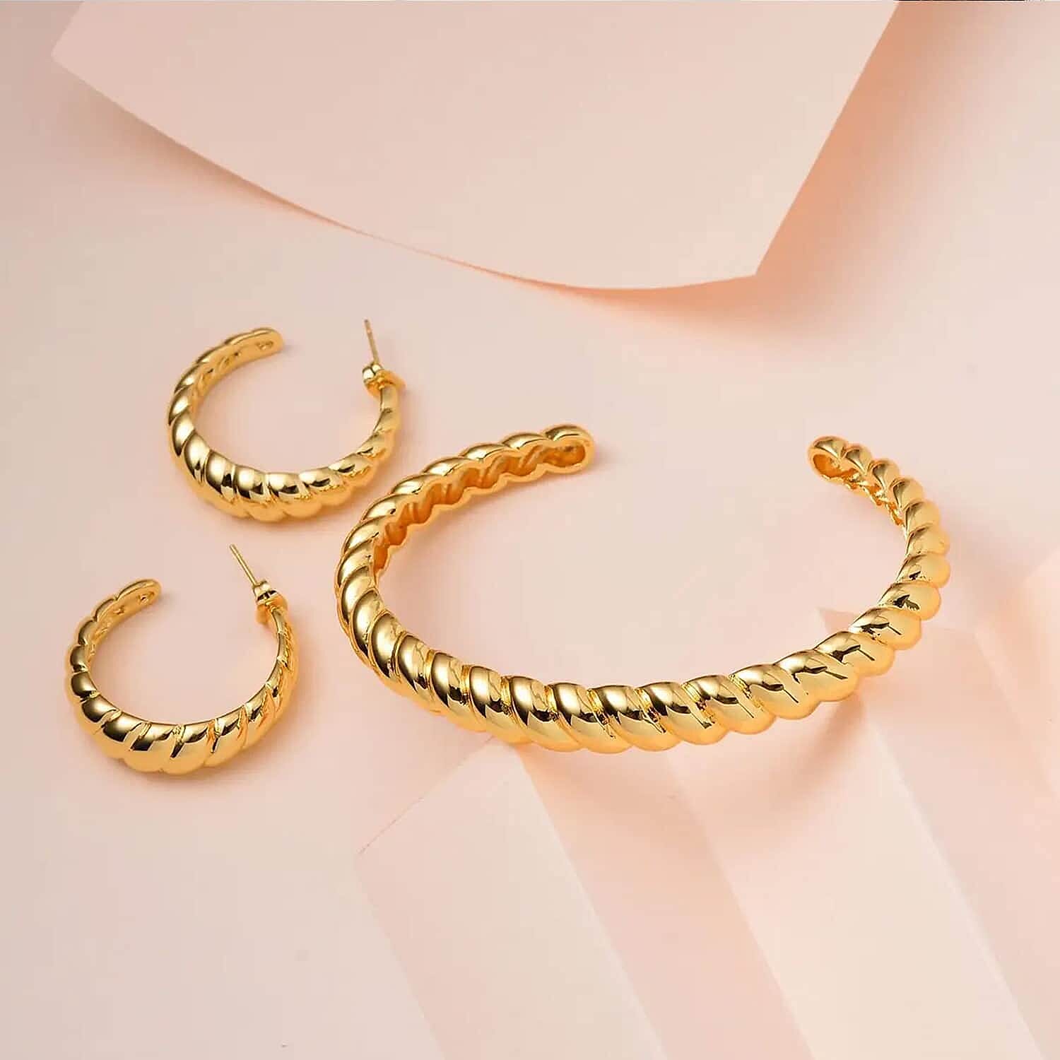 Pick of The Hour Twisted Cuff Bracelet (7.50 In) and Half Hoop Earrings in Stainless Steel