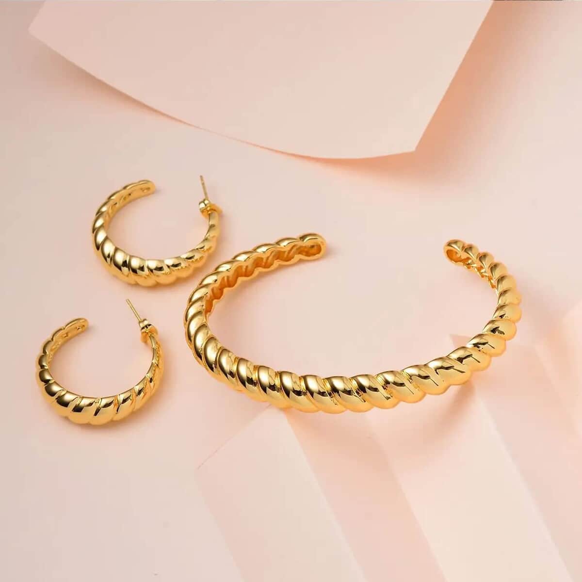 Ever True Twisted Cuff Bracelet (7.50 In) and Half Hoop Earrings in ION Plated Yellow Gold Stainless Steel, Durable Jewelry Set, Birthday Gift For Her image number 1
