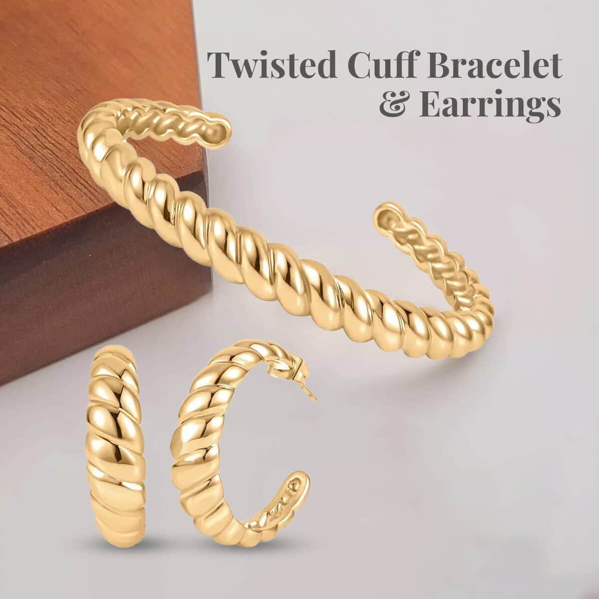 Ever True Twisted Cuff Bracelet (7.50 In) and Half Hoop Earrings in ION Plated Yellow Gold Stainless Steel, Durable Jewelry Set, Birthday Gift For Her image number 2