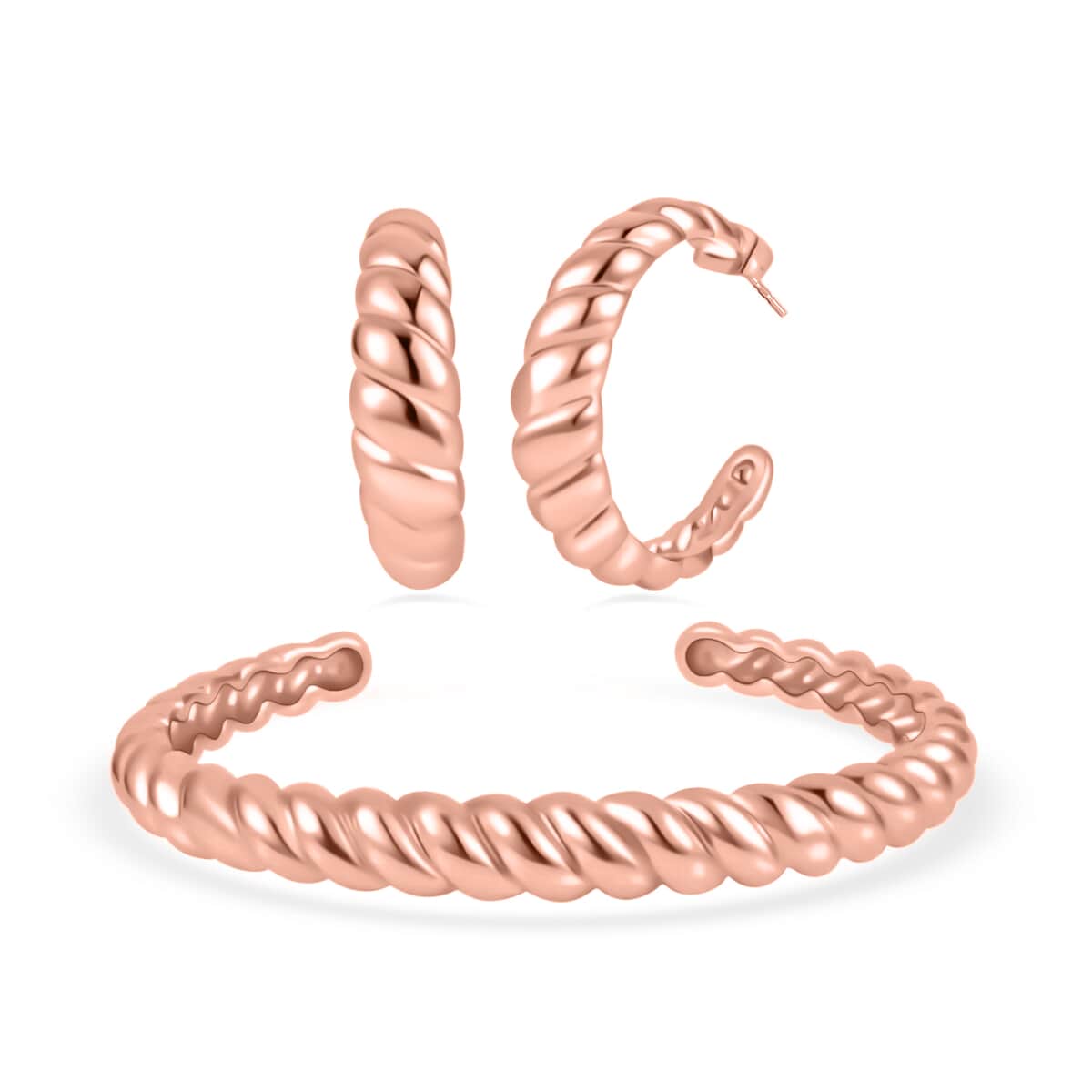 Ever True Twisted Cuff Bracelet (7.50 In) and Half Hoop Earrings in ION Plated Rose Gold Stainless Steel, Durable Jewelry Set, Birthday Gift For Her image number 0