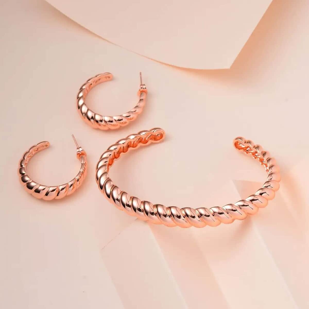 Ever True Twisted Cuff Bracelet (7.50 In) and Half Hoop Earrings in ION Plated Rose Gold Stainless Steel, Durable Jewelry Set, Birthday Gift For Her image number 1