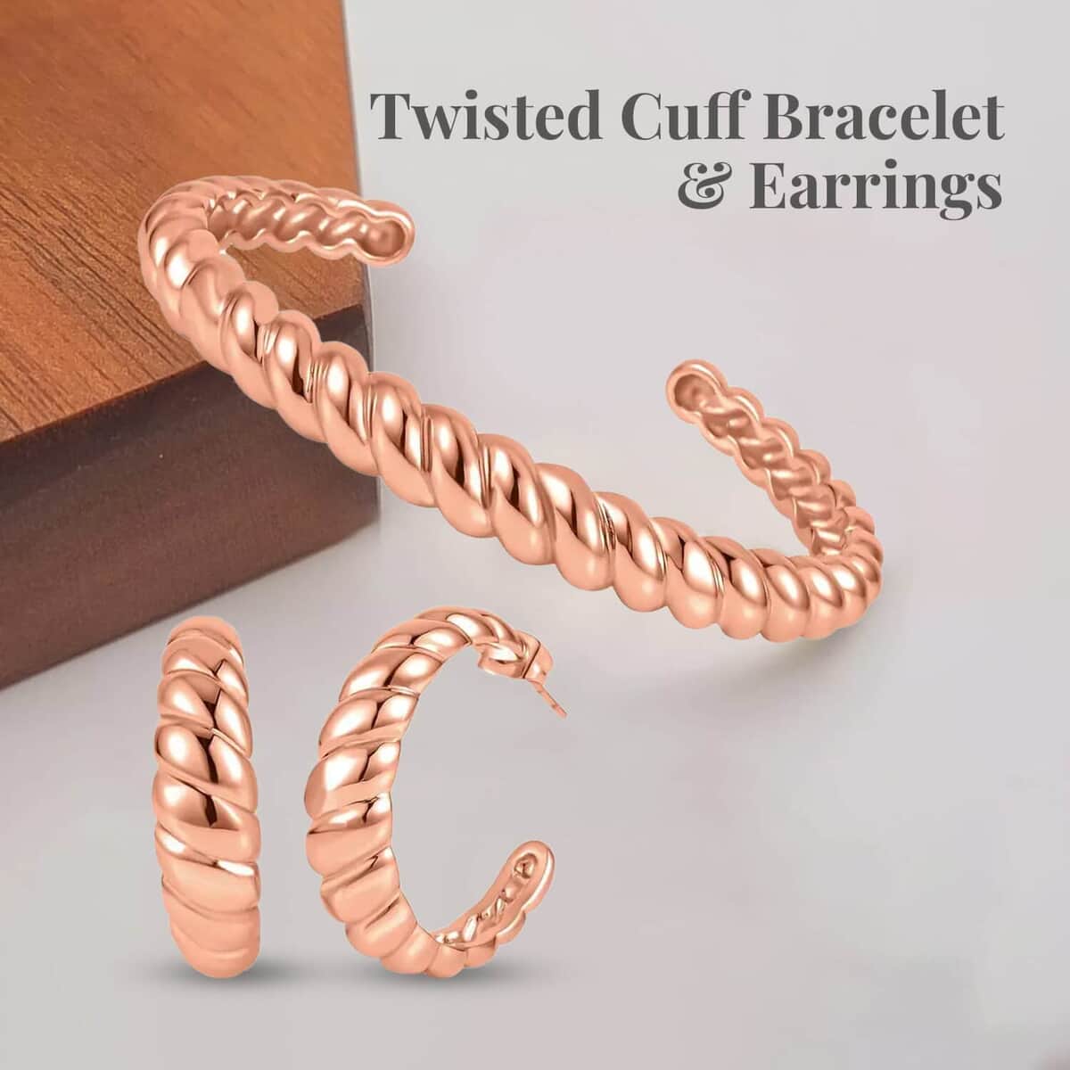 Ever True Twisted Cuff Bracelet (7.50 In) and Half Hoop Earrings in ION Plated Rose Gold Stainless Steel, Durable Jewelry Set, Birthday Gift For Her image number 2