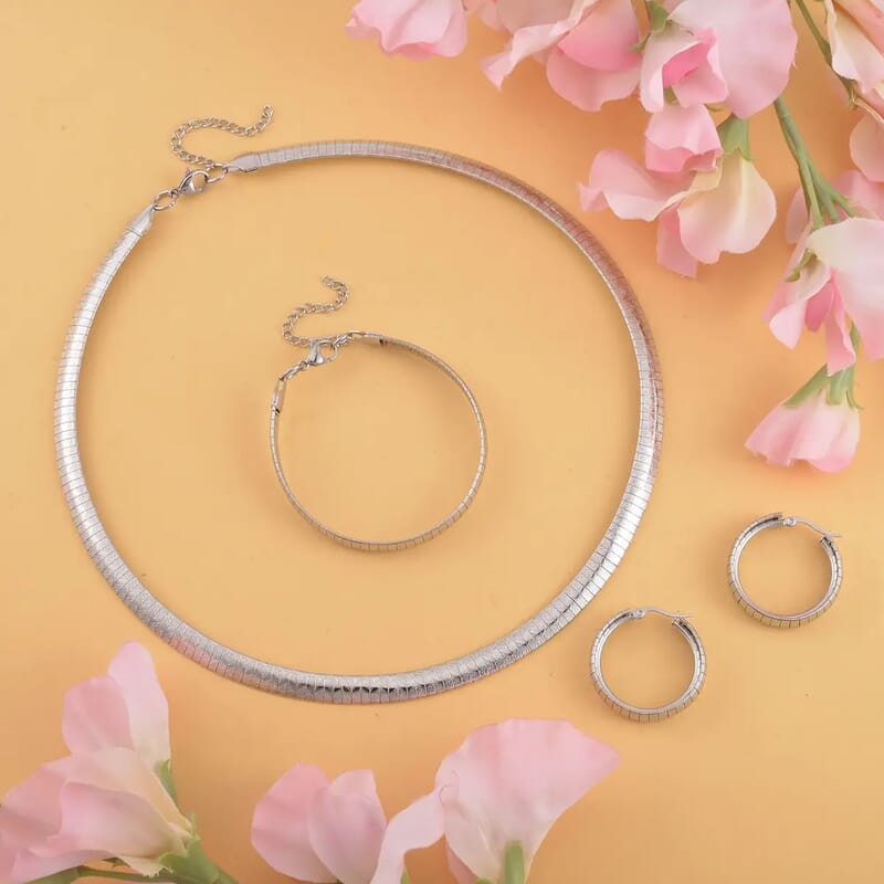 Omega Zig-Zag Texture Chain Necklace 20-22 Inches, Bracelet (7.50-9.50In) and Earrings in Stainless Steel, Durable Jewelry Set, Birthday Gift For Her