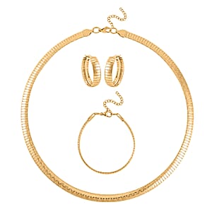Omega Zig-Zag Texture Chain Necklace 20-22 Inches, Bracelet (7.50-9.50In) and Earrings in ION Plated YG Stainless Steel, Durable Jewelry Set, Birthday Gift For Her