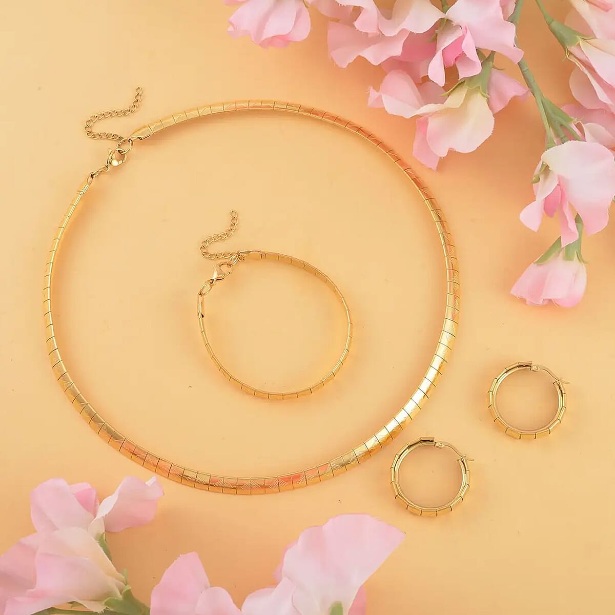 Omega Square Texture Chain Necklace 20-22 Inches, Bracelet (7.50-9.50In) and Earrings in ION Plated YG Stainless Steel, Durable Jewelry Set, Birthday Gift For Her image number 1