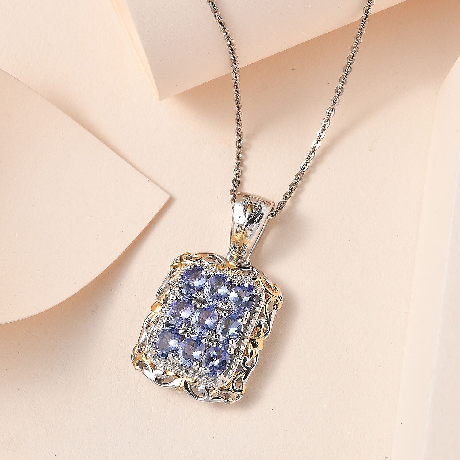 Tanzanite Pendant Necklace 20 Inches in Vermeil YG and Platinum Over Sterling Silver 1.40 ctw
