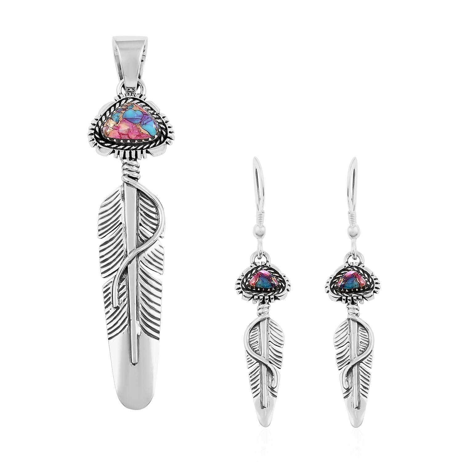 Santa Fe Style Rainbow Turquoise Pendant and Earrings in Sterling Silver 2.50 ctw