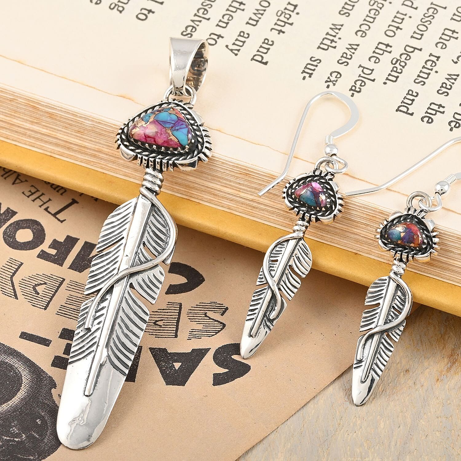 Santa Fe Style Rainbow Turquoise Pendant and Earrings in Sterling Silver 2.50 ctw