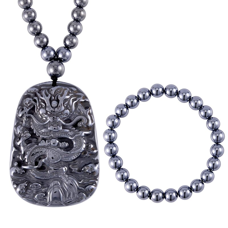 Terahertz 391.10 ctw Beaded Stretch Bracelet and Dragon Pendant Necklace (21 Inches) in Sterling Silver