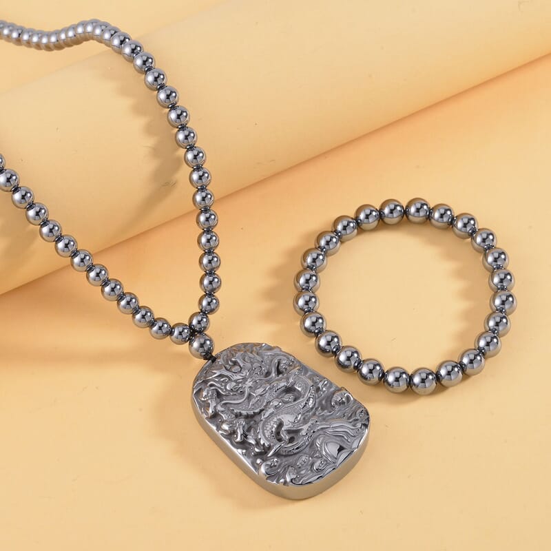 Terahertz 391.10 ctw Beaded Stretch Bracelet and Dragon Pendant Necklace (21 Inches) in Sterling Silver