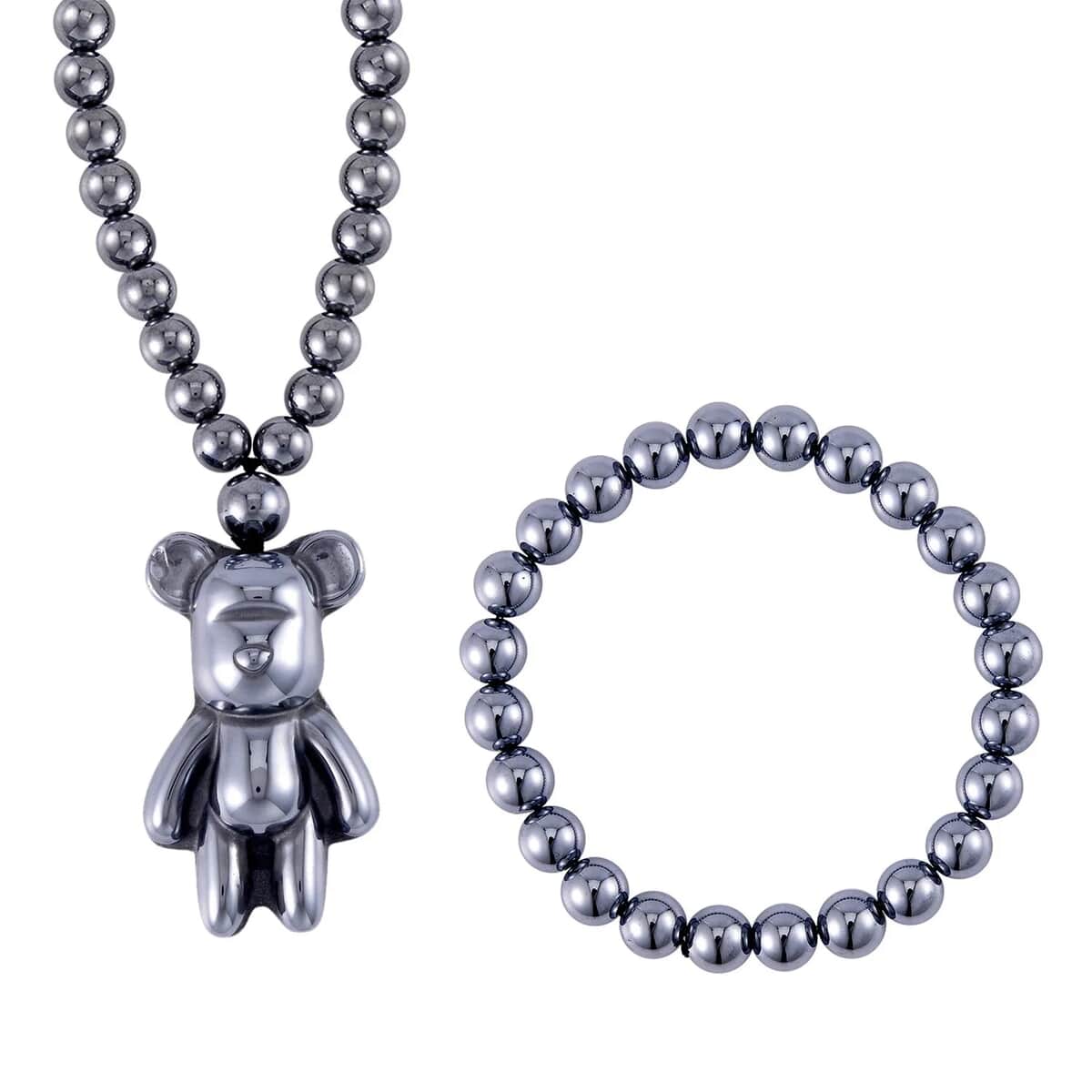 Set of Terahertz 291.00 ctw Jewelry, Terahertz Beaded Stretch Bracelet, Teddy Bear Terahertz Pendant Necklace, 21 Inch Necklace, Sterling Silver Jewelry Set image number 0