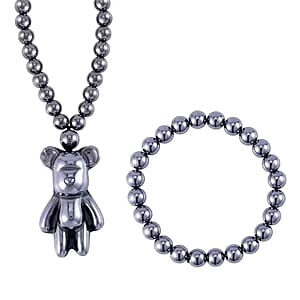 Set of Terahertz 291.00 ctw Jewelry, Terahertz Beaded Stretch Bracelet, Teddy Bear Terahertz Pendant Necklace, 21 Inch Necklace, Sterling Silver Jewelry Set