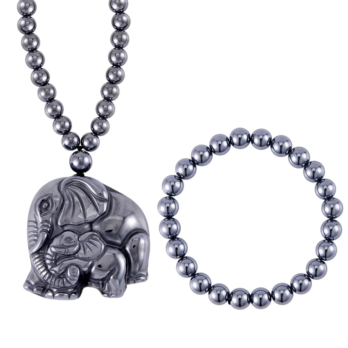 Set of Terahertz 430.60 ctw Jewelry, Terahertz Beaded Stretch Bracelet, Elephant Family Terahertz Pendant Necklace, 21 Inch Necklace, Sterling Silver Jewelry Set image number 0