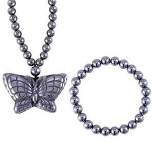 Set of Terahertz 296.60 ctw Jewelry, Terahertz Beaded Stretch Bracelet, Butterfly Terahertz Pendant Necklace, 21 Inch Necklace, Sterling Silver Jewelry Set
