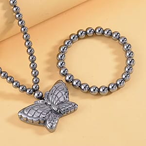 Set of Terahertz 296.60 ctw Jewelry, Terahertz Beaded Stretch Bracelet, Butterfly Terahertz Pendant Necklace, 21 Inch Necklace, Sterling Silver Jewelry Set