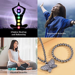 Set of Terahertz 296.60 ctw Jewelry, Terahertz Beaded Stretch Bracelet, Butterfly Terahertz Pendant Necklace, 21 Inch Necklace, Sterling Silver Jewelry Set