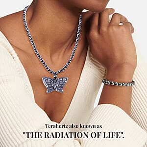 Set of Terahertz 296.60 ctw Jewelry, Terahertz Beaded Stretch Bracelet, Butterfly Terahertz Pendant Necklace, 21 Inch Necklace, Sterling Silver Jewelry Set