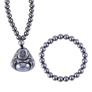 Set of Terahertz 275.00 ctw Jewelry, Terahertz Beaded Stretch Bracelet, Laughing Buddha Terahertz Pendant Necklace, 21 Inch Necklace, Sterling Silver Jewelry Set