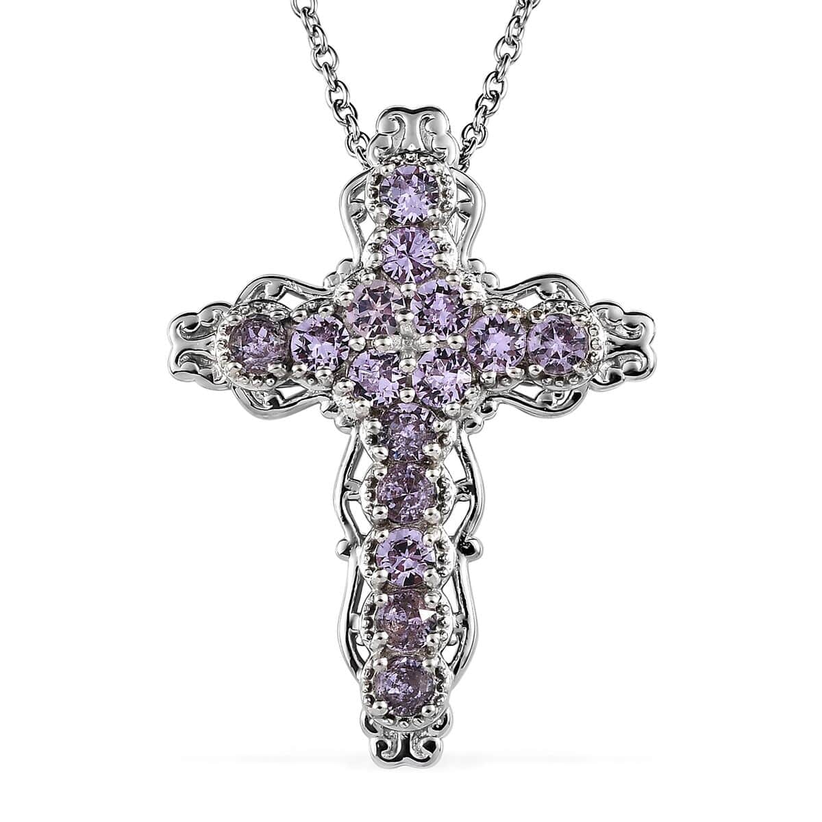 Violet Color Crystal Cross Pendant Necklace (20 Inches) in Stainless Steel 1.50 ctw , Tarnish-Free, Waterproof, Sweat Proof Jewelry image number 0