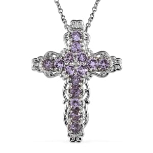 Violet Color Crystal Cross Pendant Necklace (20 Inches) in Stainless Steel 1.50 ctw , Tarnish-Free, Waterproof, Sweat Proof Jewelry