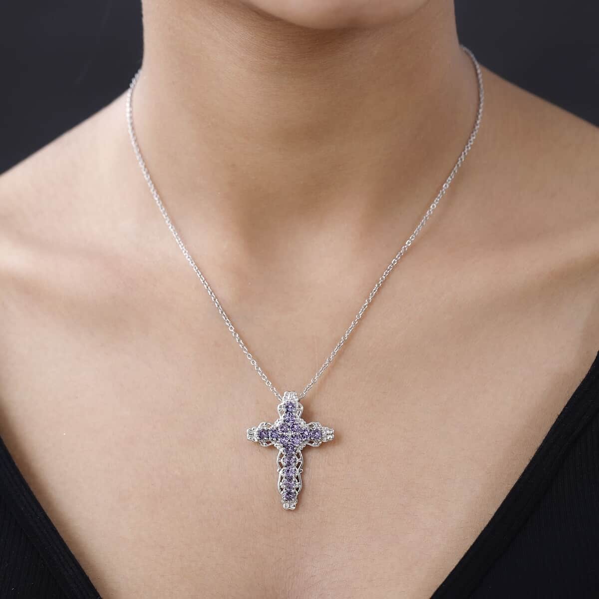 Violet Color Crystal Cross Pendant Necklace (20 Inches) in Stainless Steel 1.50 ctw , Tarnish-Free, Waterproof, Sweat Proof Jewelry image number 2