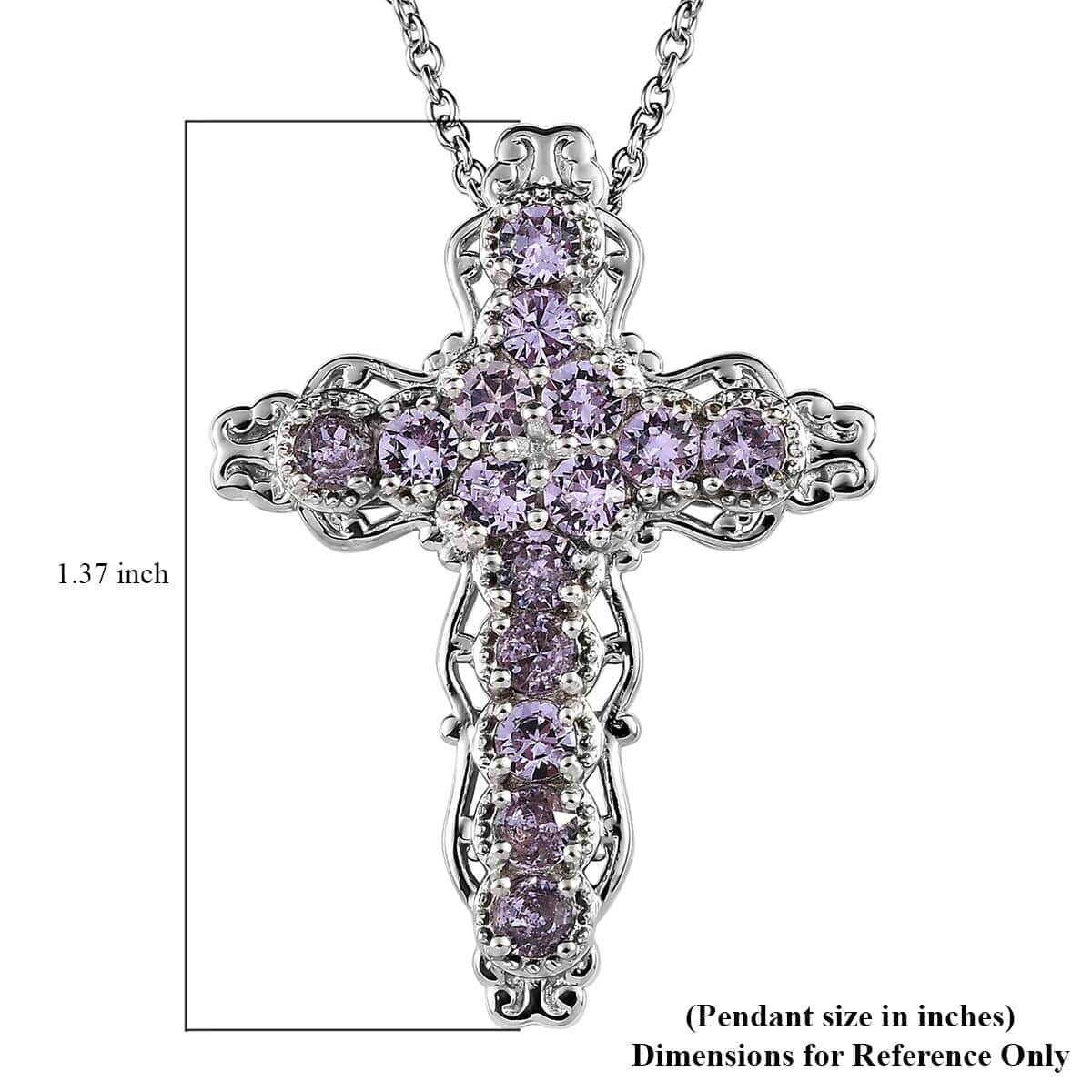 Violet Color Crystal Cross Pendant Necklace (20 Inches) in Stainless Steel 1.50 ctw , Tarnish-Free, Waterproof, Sweat Proof Jewelry image number 5