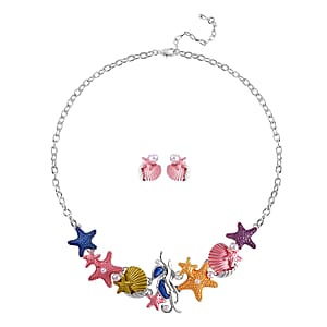 Simulated Pearl and Enamel SeaShell and Starfish Set of Necklace 20-22 Inches and Earrings in Silvertone