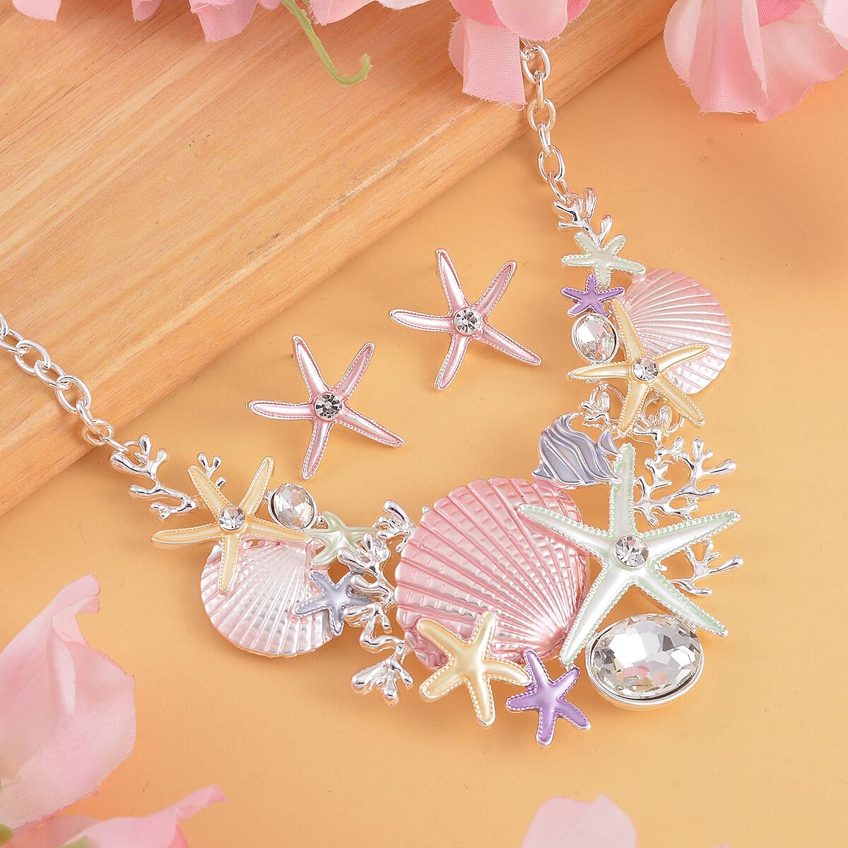 Austrian Crystal and Enameled Starfish Set of Necklace 20-22 Inches and Earrings in Silvertone image number 1