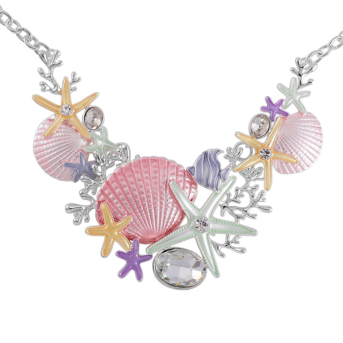 Austrian Crystal and Enameled Starfish Set of Necklace 20-22 Inches and Earrings in Silvertone image number 3