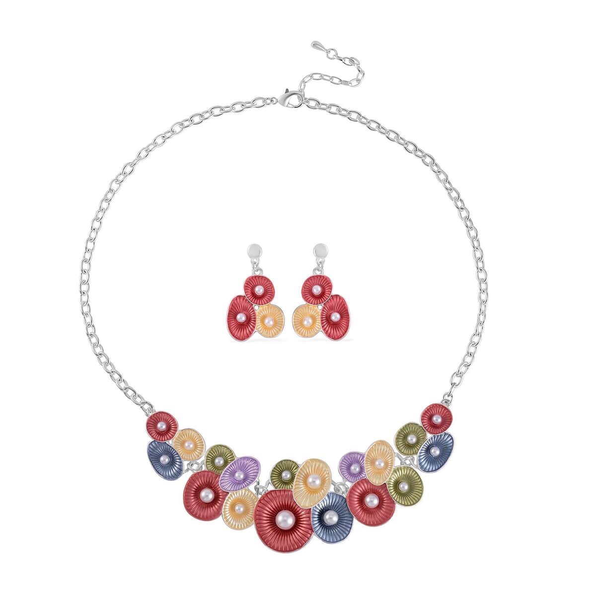 Austrian Crystal and Enameled Round Floral Set of Necklace 20-22 Inches and Earrings in Silvertone image number 0