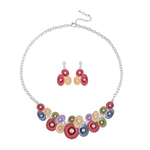 Austrian Crystal and Enameled Round Floral Set of Necklace 20-22 Inches and Earrings in Silvertone