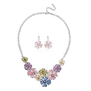 Austrian Crystal and Enameled 5 Leaf Flower Set of Necklace 20-22 Inches and Earrings in Silvertone