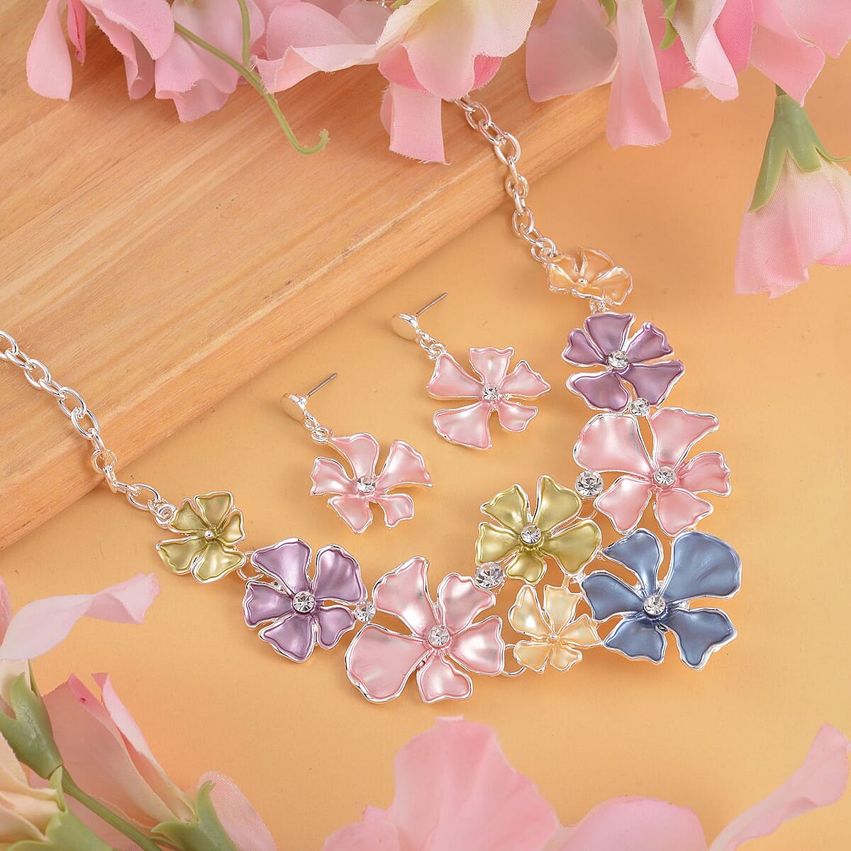 Austrian Crystal and Enameled 5 Leaf Flower Set of Necklace 20-22 Inches and Earrings in Silvertone image number 1