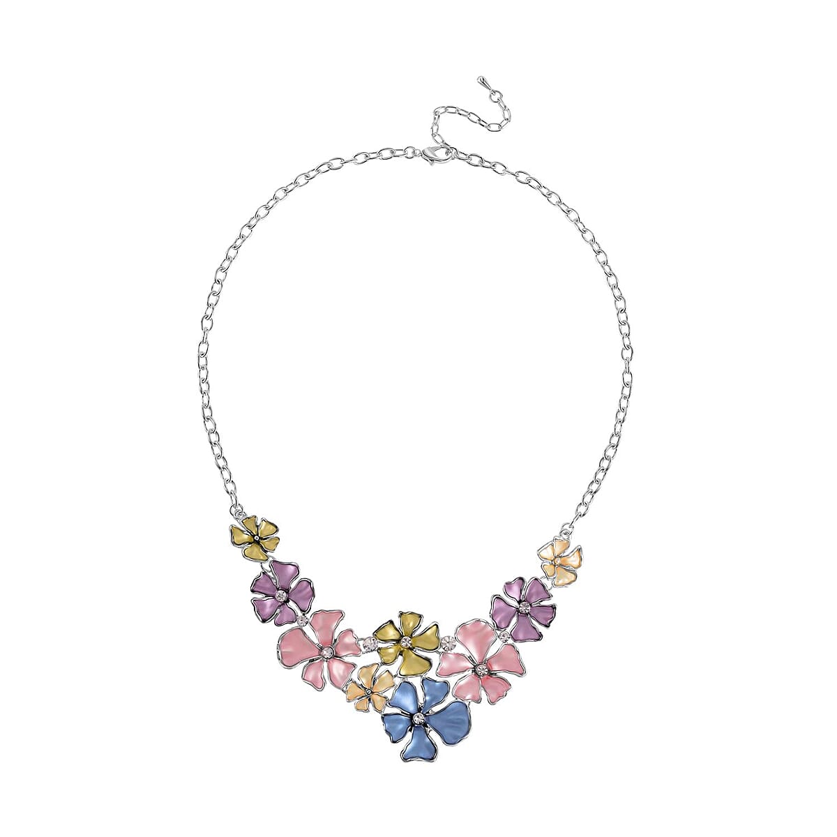 Austrian Crystal and Enameled 5 Leaf Flower Set of Necklace 20-22 Inches and Earrings in Silvertone image number 2