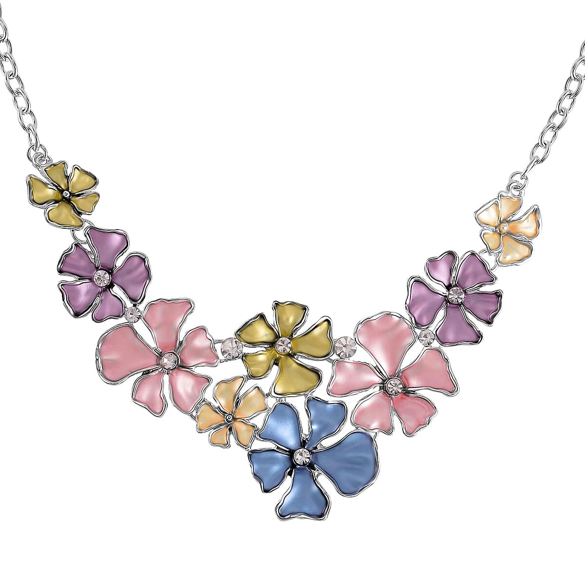Austrian Crystal and Enameled 5 Leaf Flower Set of Necklace 20-22 Inches and Earrings in Silvertone image number 3