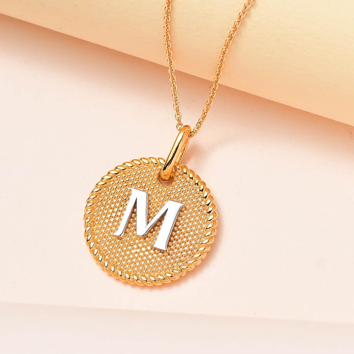 14K YG and Platinum Over Sterling Silver Medallion Coin Initial M Pendant Necklace (20 Inches) (5.80 g) image number 1