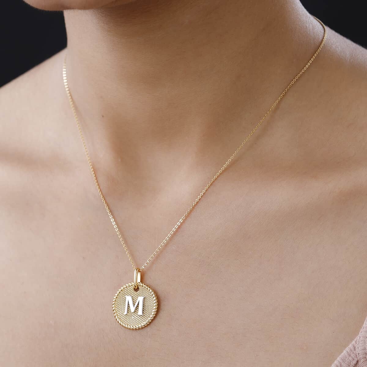 14K YG and Platinum Over Sterling Silver Medallion Coin Initial M Pendant Necklace (20 Inches) (5.80 g) image number 2