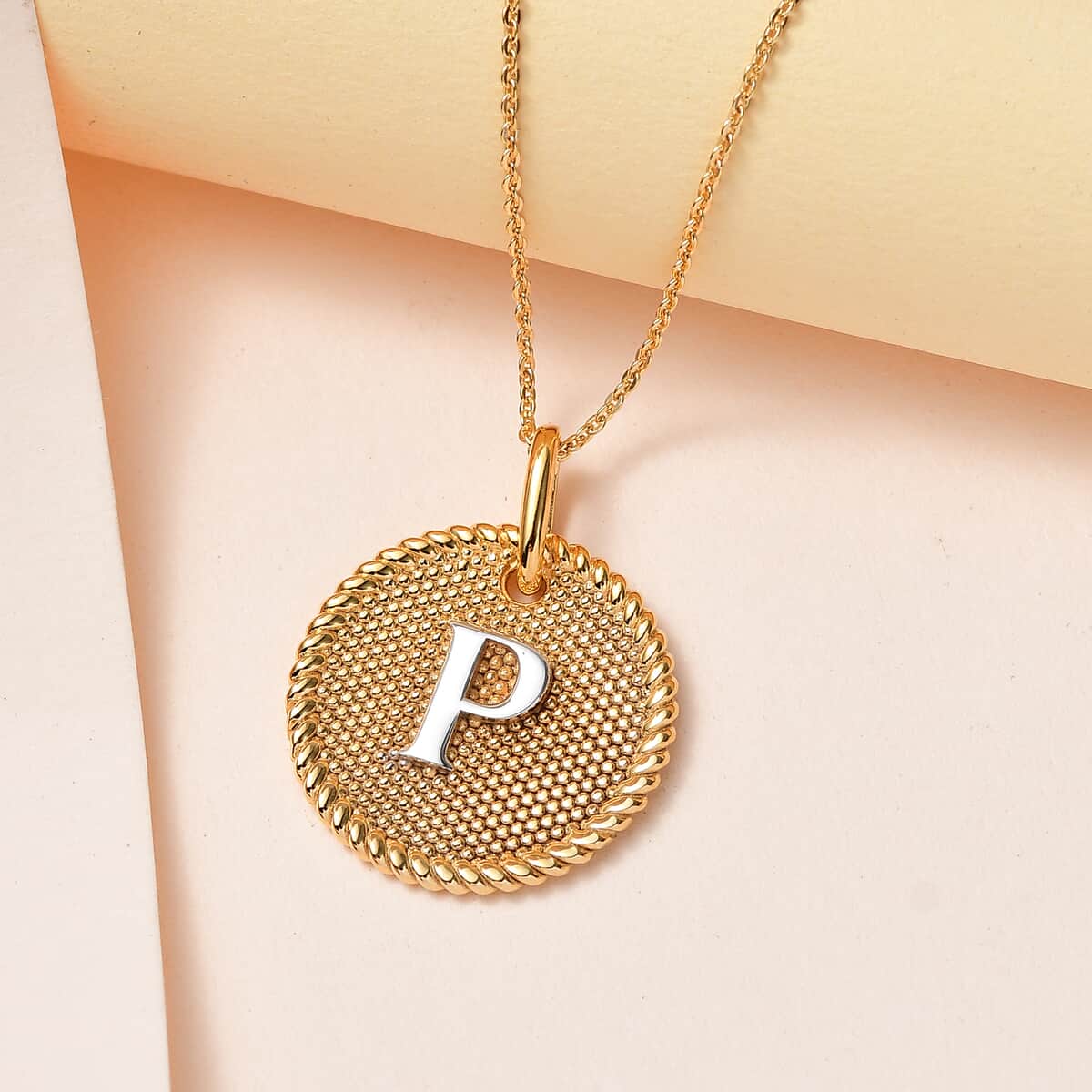 14K YG and Platinum Over Sterling Silver Medallion Coin Initial P Pendant Necklace (20 Inches) (5.60 g) image number 1