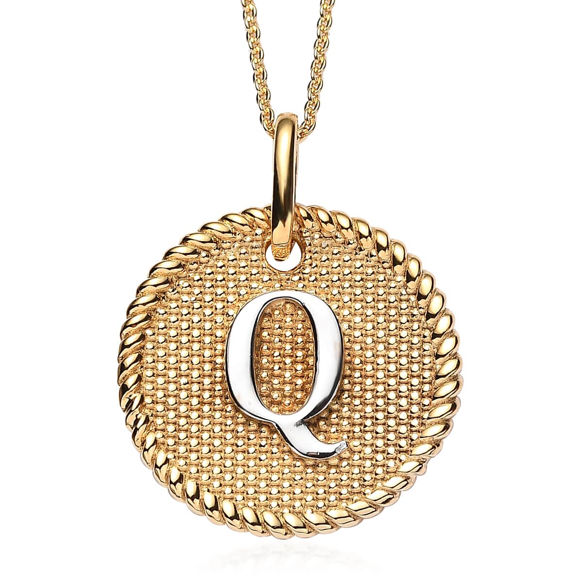 14K YG and Platinum Over Sterling Silver Medallion Coin Initial Q Pendant Necklace (20 Inches) (5.65 g) image number 0