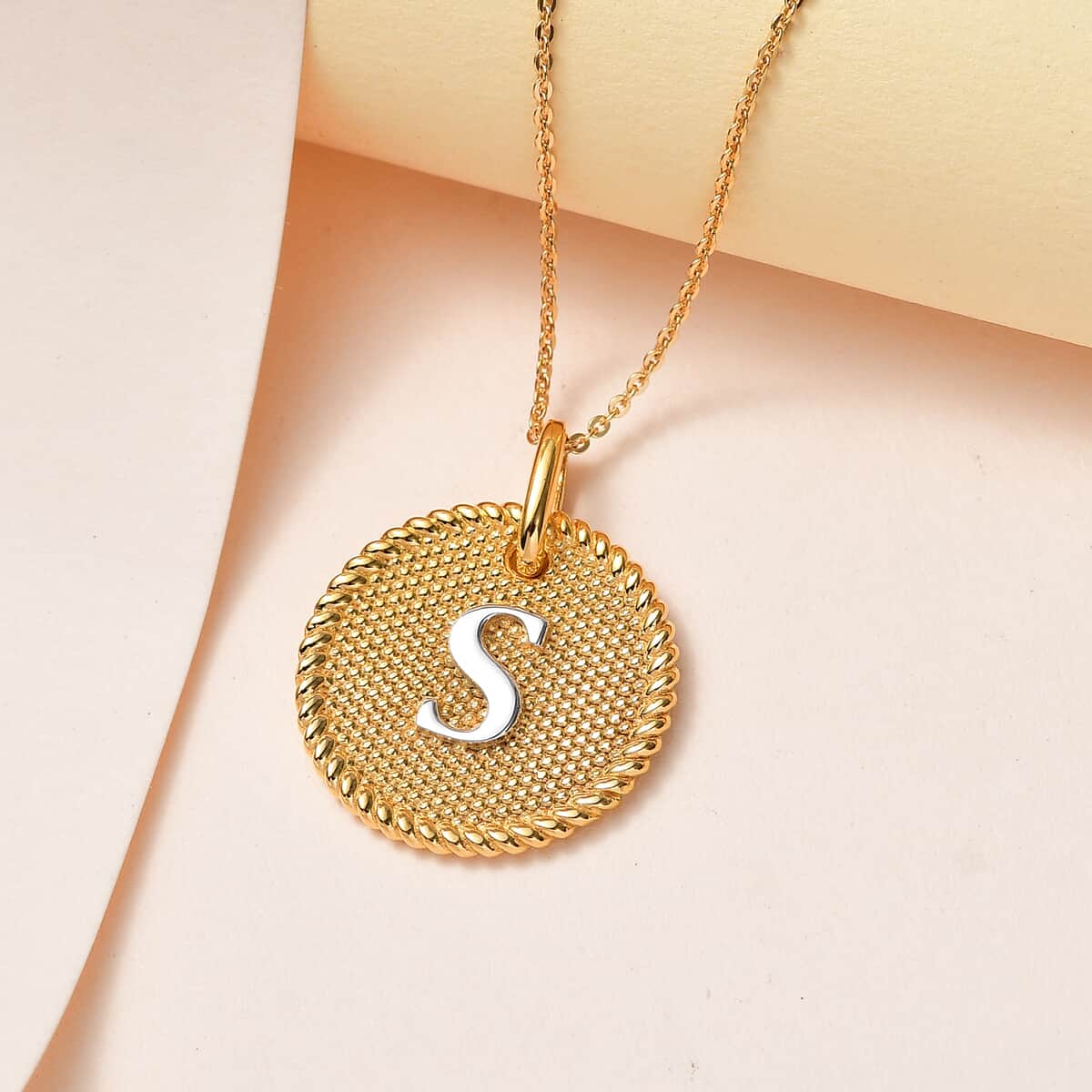 14K YG and Platinum Over Sterling Silver Medallion Coin Initial S Pendant Necklace (20 Inches) (5.70 g) image number 1