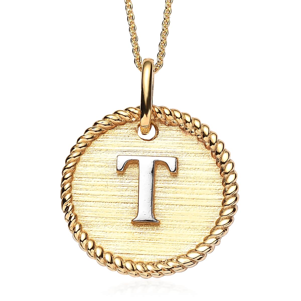 14K YG and Platinum Over Sterling Silver Medallion Coin Initial T Pendant Necklace (20 Inches) (4.85 g) image number 0